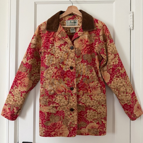 L.L. Bean Jackets & Blazers - VTG 90s LL Bean Floral Canvas Barn Coat Field Jacket Corduroy Collar XS/S Rare